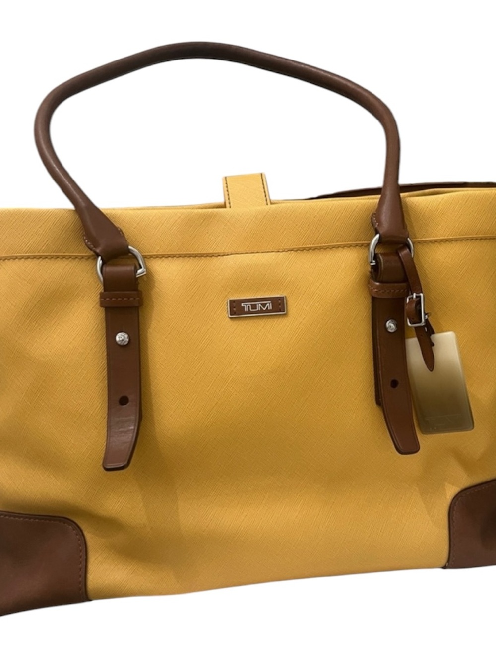 Tumi Yellow Tote with Tan Leather Pull and Silver Hardware